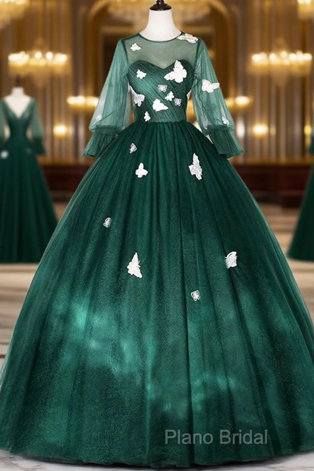 Dark Green Tulle Long Formal Prom Dresses, A-Line Long Sleeve Formal Party Dresses With Butterfly Appliques Main image
