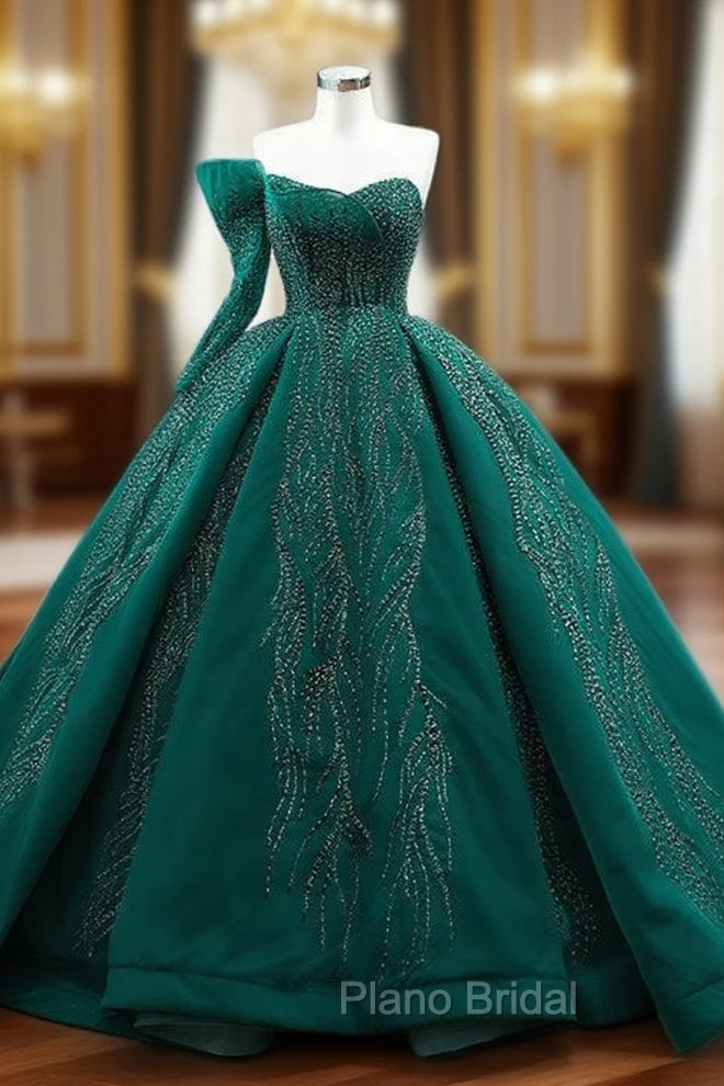Dark Green Tulle One Shoulder Beading Formal Prom Dresses Main image
