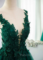 Dark Green V-neckline Lace Long Beaded Formal Prom Dresses, Dark Green Party Dresses