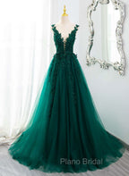 Dark Green V-neckline Lace Long Beaded Formal Prom Dresses, Dark Green Party Dresses