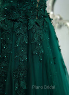 Dark Green V-neckline Lace Long Beaded Formal Prom Dresses, Dark Green Party Dresses