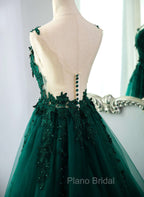 Dark Green V-neckline Lace Long Beaded Formal Prom Dresses, Dark Green Party Dresses