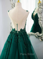 Dark Green V-neckline Lace Long Beaded Formal Prom Dresses, Dark Green Party Dresses