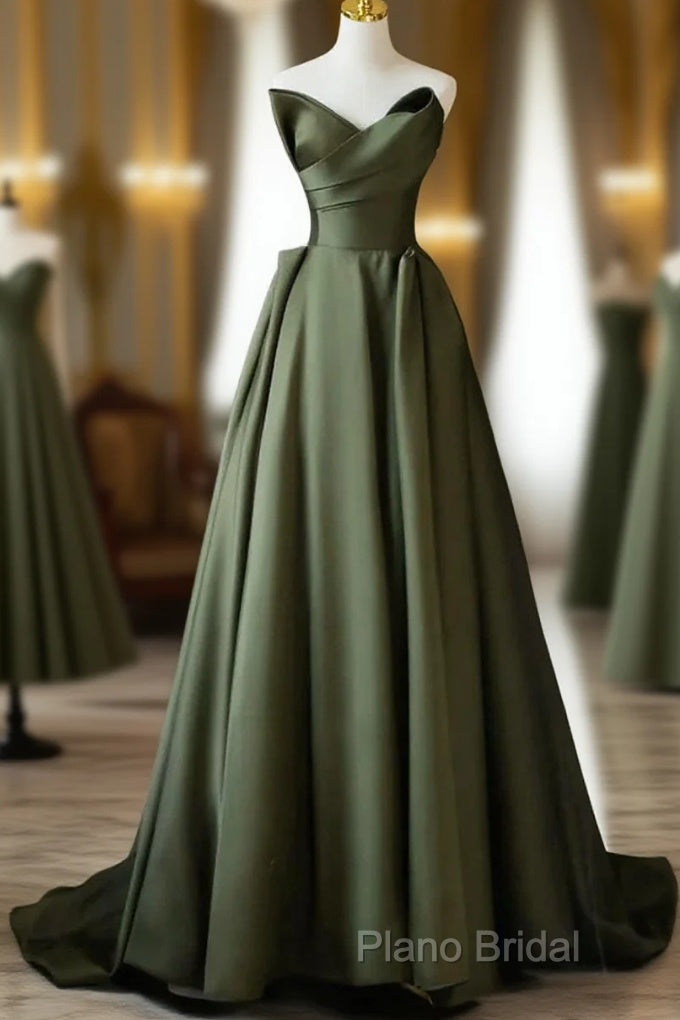 Dark Green V-Neckline Satin Long Formal Prom Dresses, Dark Green Party Dresses