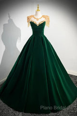 Dark Green Velvet A-Line Long Formal Prom Dresses, Dark Green Formal Party Dresses