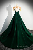 Dark Green Velvet A-Line Long Formal Prom Dresses, Dark Green Formal Party Dresses