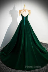 Dark Green Velvet A-Line Long Formal Prom Dresses, Dark Green Formal Party Dresses