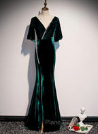 Dark Green Velvet Mermaid Slit V-neckline Formal Dresses Party Dresses, Long Evening Dresses