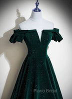 Dark Green Velvet Off Shoulder Long Party Dresses, Green A-line Formal Prom Dresses
