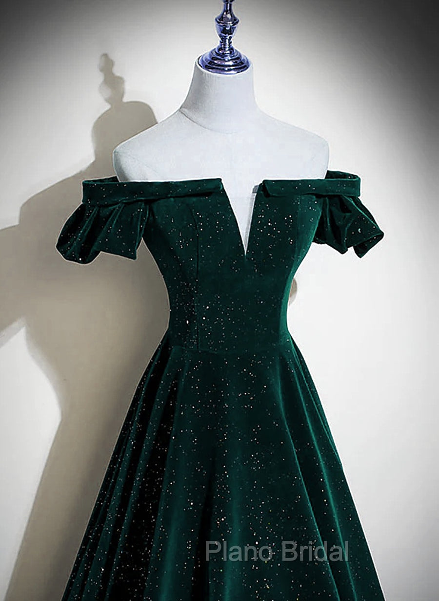 Dark Green Velvet Off Shoulder Long Party Dresses, Green A-line Formal Prom Dresses