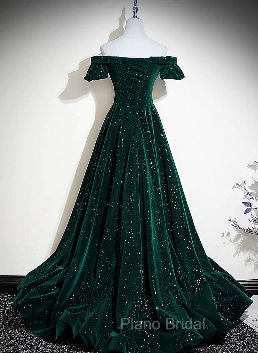 Dark Green Velvet Off Shoulder Long Party Dresses, Green A-line Formal Prom Dresses Secondary image