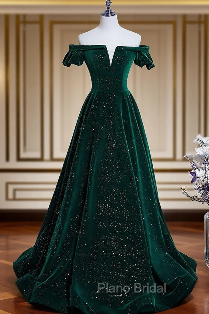 Dark Green Velvet Off Shoulder Long Party Dresses, Green A-line Formal Prom Dresses Main image