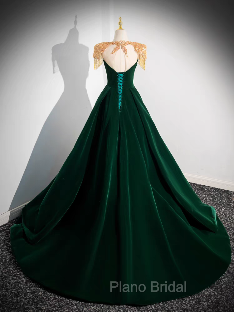 Dark Green Velvet Formal Prom Dresses Vintage Gold Beaded Neckline Evening Gown Secondary image