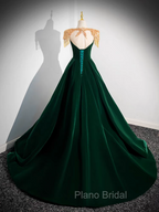 Dark Green Velvet Formal Prom Dresses Vintage Gold Beaded Neckline Evening Gown