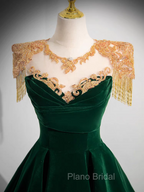 Dark Green Velvet Formal Prom Dresses Vintage Gold Beaded Neckline Evening Gown