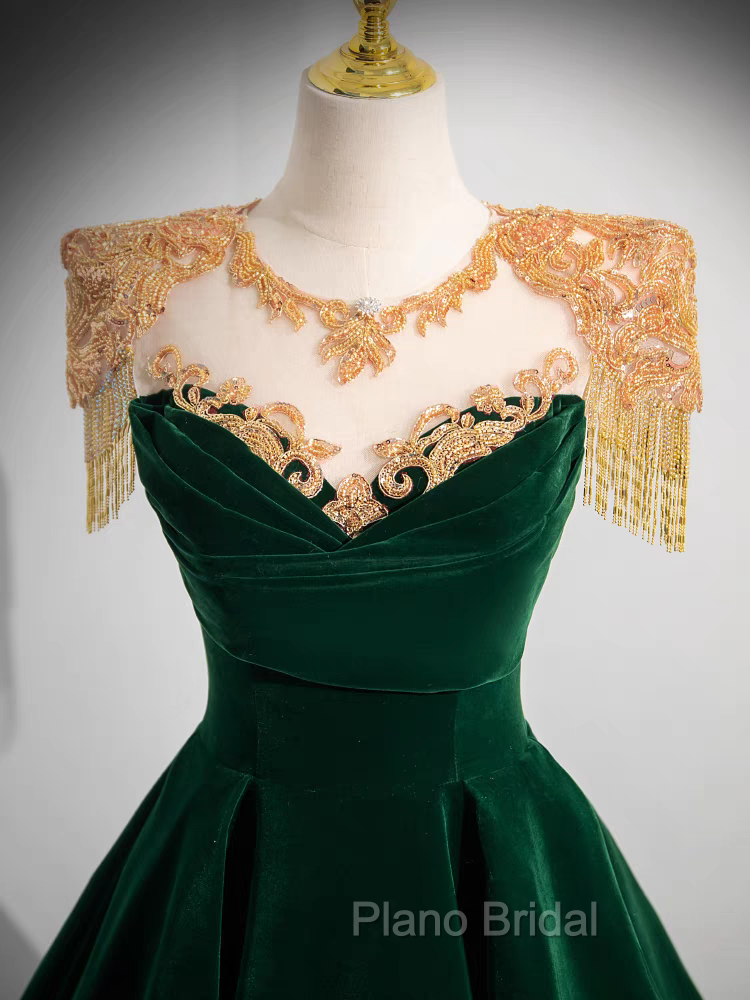 Dark Green Velvet Formal Prom Dresses Vintage Gold Beaded Neckline Evening Gown