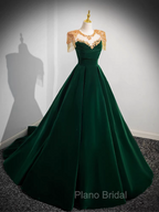 Dark Green Velvet Formal Prom Dresses Vintage Gold Beaded Neckline Evening Gown
