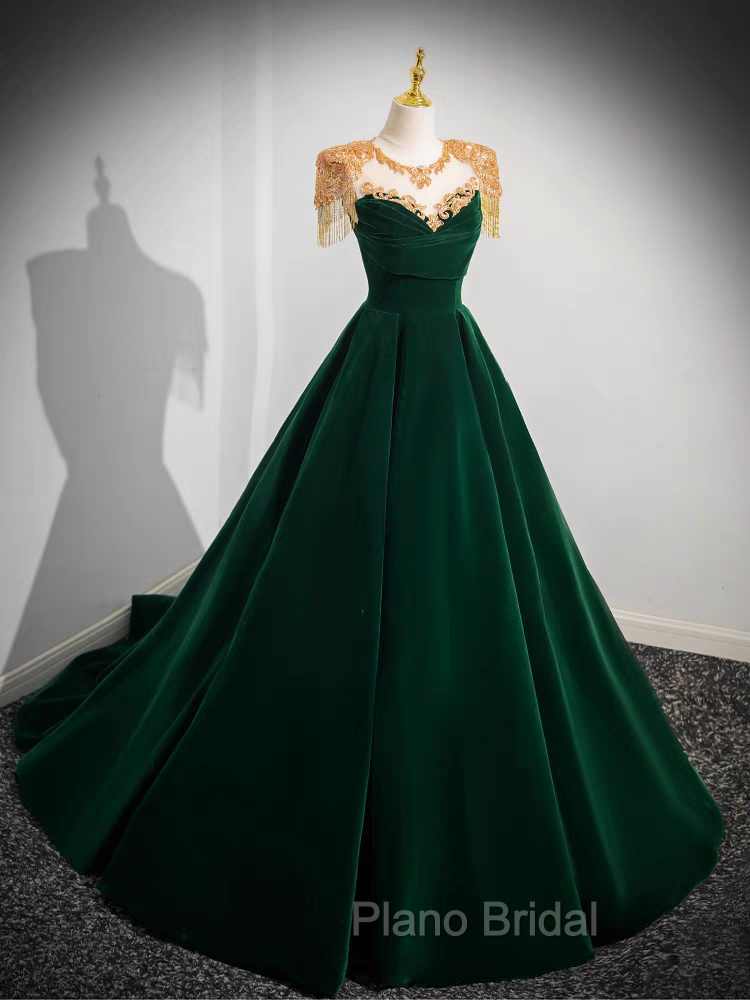 Dark Green Velvet Formal Prom Dresses Vintage Gold Beaded Neckline Evening Gown
