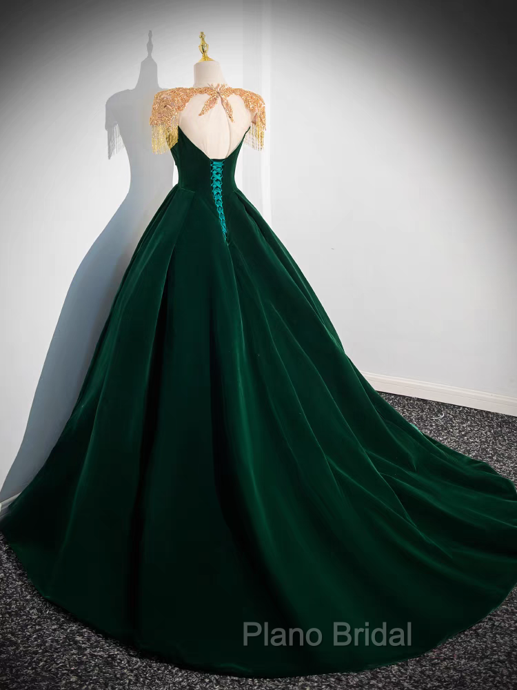 Dark Green Velvet Formal Prom Dresses Vintage Gold Beaded Neckline Evening Gown
