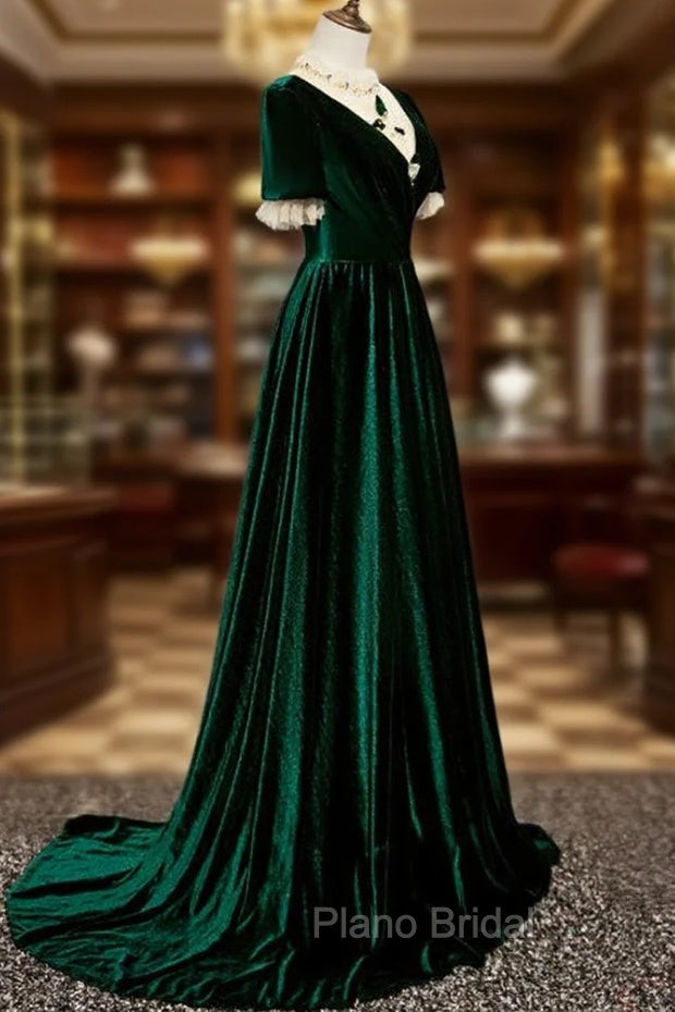 Dark Green Velvet Short Sleeves A-line Bridesmaid Dresses, A-line Wedding Party Dresses Formal Prom Dresses