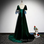 Dark Green Velvet Short Sleeves A-line Bridesmaid Dresses, A-line Wedding Party Dresses Formal Prom Dresses