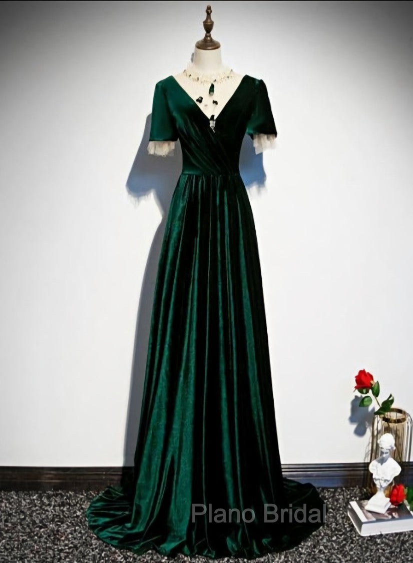 Dark Green Velvet Short Sleeves A-line Bridesmaid Dresses, A-line Wedding Party Dresses Formal Prom Dresses