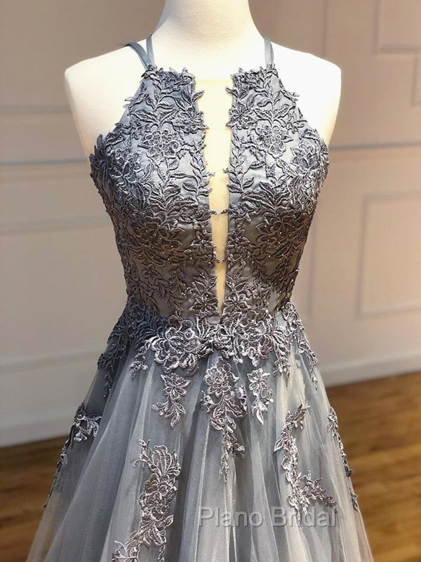 Dark Grey Halter Backless Tulle with Lace Party Dresses A-line Grey Formal Dresses Formal Prom Dresses shops Secondary image
