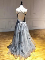 Dark Grey Halter Backless Tulle with Lace Party Dresses A-line Grey Formal Dresses Formal Prom Dresses shops