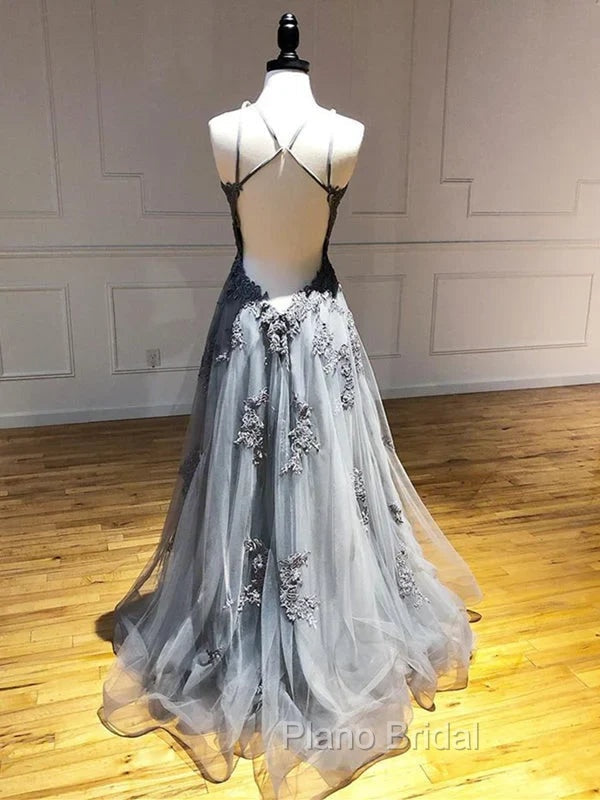 Dark Grey Halter Backless Tulle with Lace Party Dresses A-line Grey Formal Dresses Formal Prom Dresses shops