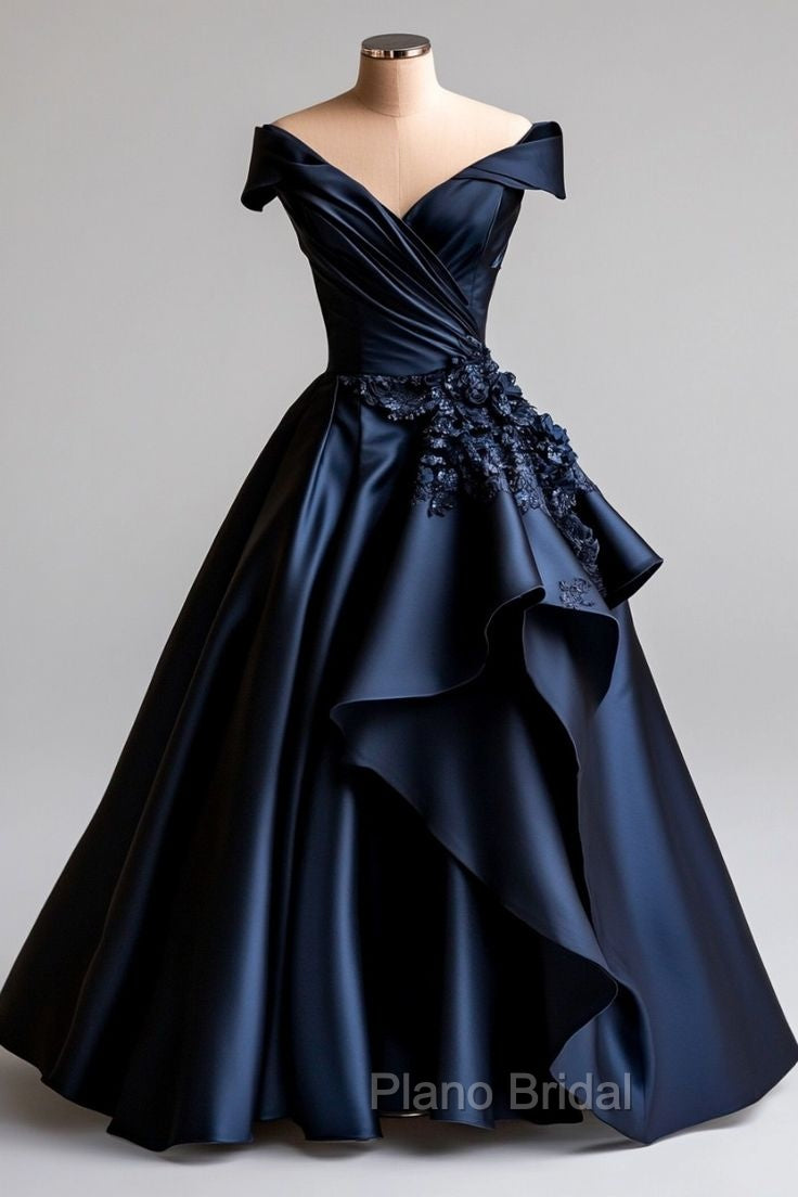Dark Navy A-Line V Neck Satin Long Formal Prom Dresses Simple Applique Evening Dresses Secondary image