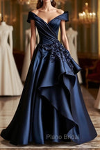 Dark Navy A-Line V Neck Satin Long Formal Prom Dresses Simple Applique Evening Dresses