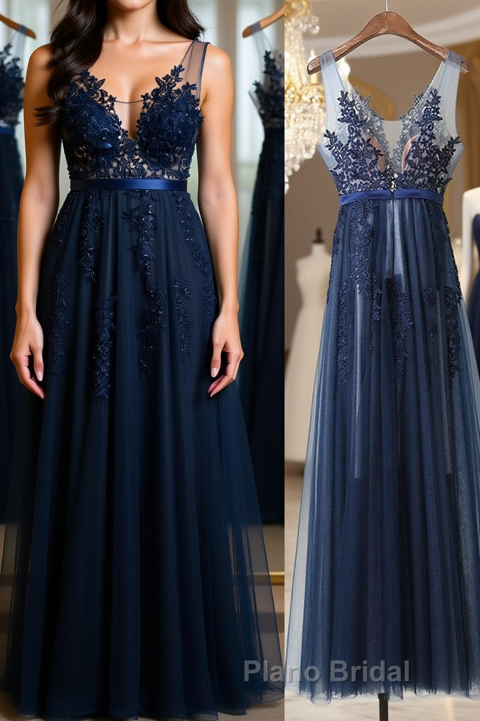 Dark Navy Blue Lace Formal Prom Dresses, Dark Navy Blue Lace Formal Bridesmaid Dresses