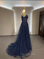 Dark Navy Blue Long Lace Formal Prom Dresses, Dark Navy Blue Long Lace Formal Evening Dresses