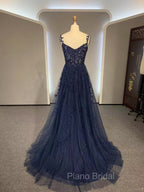 Dark Navy Blue Long Lace Formal Prom Dresses, Dark Navy Blue Long Lace Formal Evening Dresses