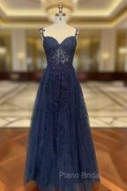Dark Navy Blue Long Lace Formal Prom Dresses, Dark Navy Blue Long Lace Formal Evening Dresses