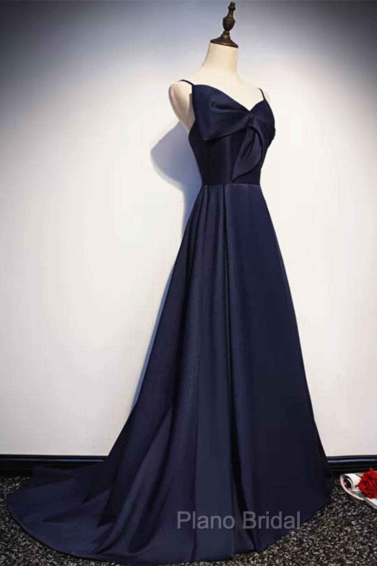 Dark Navy Blue Long Satin Formal Prom Dresses, Dark Navy Blue Long Formal Evening Dresses