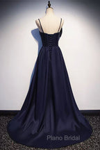 Dark Navy Blue Long Satin Formal Prom Dresses, Dark Navy Blue Long Formal Evening Dresses