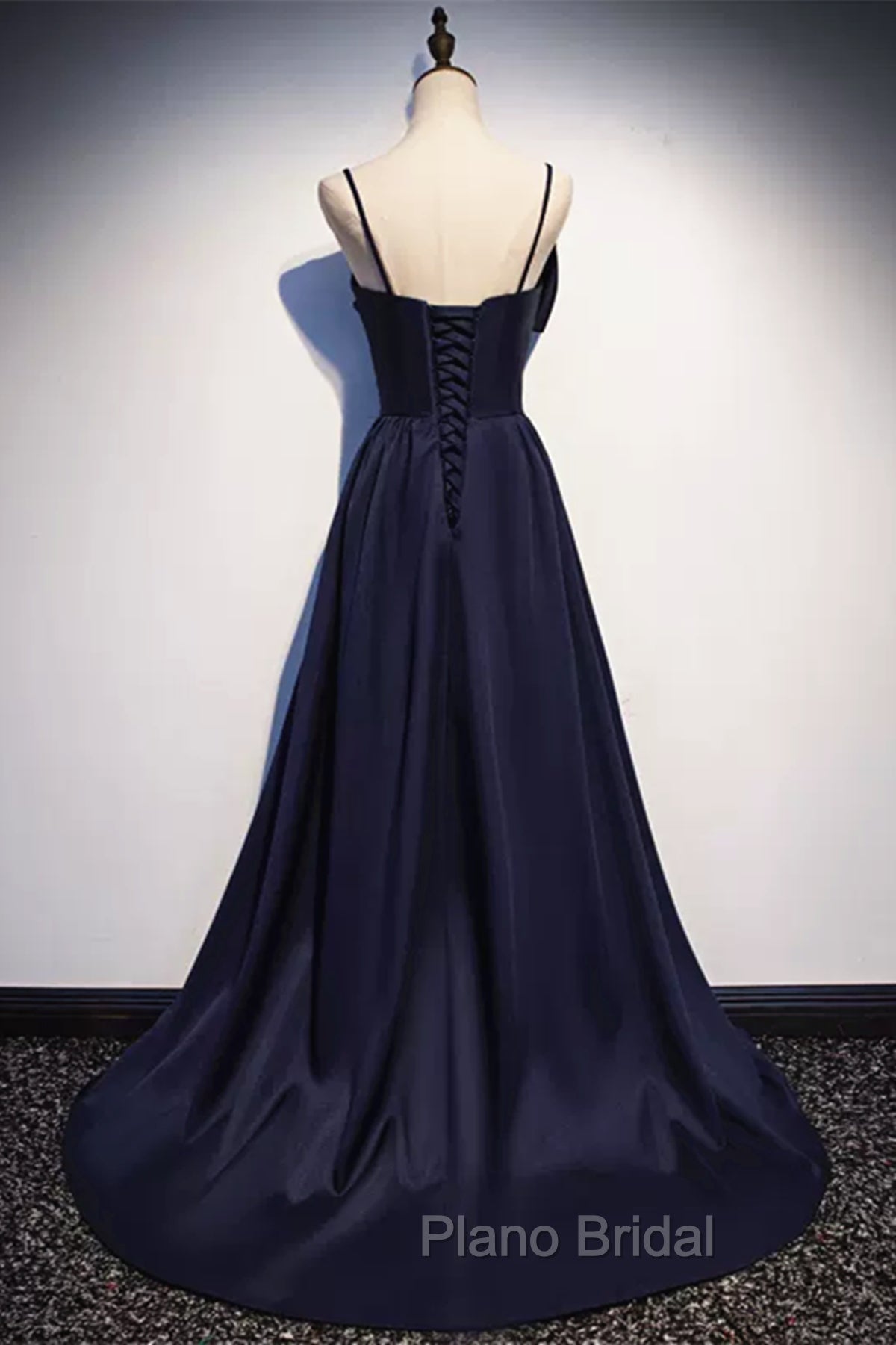 Dark Navy Blue Long Satin Formal Prom Dresses, Dark Navy Blue Long Formal Evening Dresses