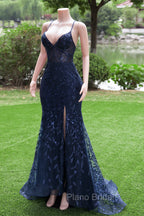Dark Navy Blue Formal Prom Dresses Long Sequins Mermaid Women Tulle Evening Dresses Spaghetti Straps