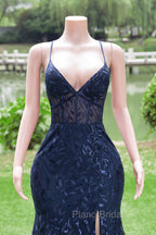 Dark Navy Blue Formal Prom Dresses Long Sequins Mermaid Women Tulle Evening Dresses Spaghetti Straps