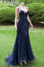Dark Navy Blue Formal Prom Dresses Long Sequins Mermaid Women Tulle Evening Dresses Spaghetti Straps