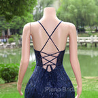 Dark Navy Blue Formal Prom Dresses Long Sequins Mermaid Women Tulle Evening Dresses Spaghetti Straps