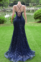Dark Navy Blue Formal Prom Dresses Long Sequins Mermaid Women Tulle Evening Dresses Spaghetti Straps
