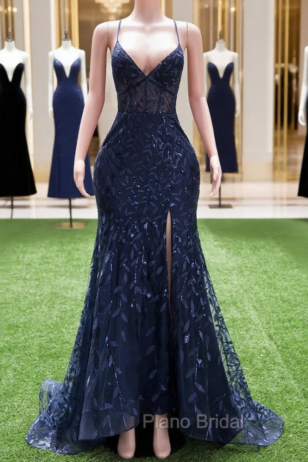 Dark Navy Blue Formal Prom Dresses Long Sequins Mermaid Women Tulle Evening Dresses Spaghetti Straps