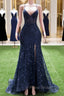 Dark Navy Blue Formal Prom Dresses Long Sequins Mermaid Women Tulle Evening Dresses Spaghetti Straps