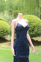Dark Navy Blue Formal Prom Dresses Sequins Mermaid Tulle Long Evening Dresses Spaghetti Straps