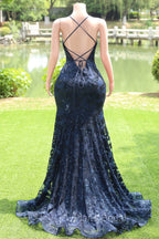Dark Navy Blue Formal Prom Dresses Sequins Mermaid Tulle Long Evening Dresses Spaghetti Straps