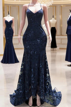 Dark Navy Blue Formal Prom Dresses Sequins Mermaid Tulle Long Evening Dresses Spaghetti Straps