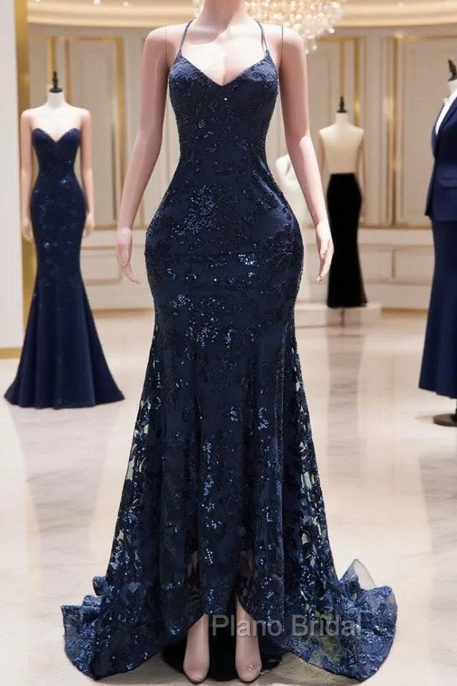 Dark Navy Blue Formal Prom Dresses Sequins Mermaid Tulle Long Evening Dresses Spaghetti Straps