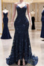 Dark Navy Blue Formal Prom Dresses Sequins Mermaid Tulle Long Evening Dresses Spaghetti Straps